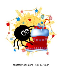 black funny spider getting the gift from the new year shoe. vector illustration. cartoon character. kids print. design element for label, sticker, baby book layout, t shirt