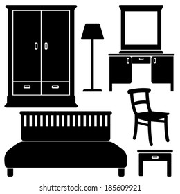 Black furniture icons, bedroom set, vector illustrations