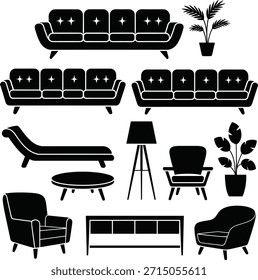 Conjunto de muebles negros que incluye sofás, sillas y mesa