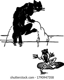 A black furry cat with distinct whiskers and long curved tail, playing with a frog, vintage line drawing or engraving illustration.