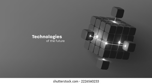 Black futuristic cube structured of smaller cubes with glowing light rays, 3d illustration