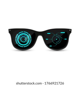 Gafas de sol hipster negro futurista con vidrio oscuro y interfaz HUD sobre fondo blanco. Ilustración vectorial.	