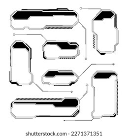 Black futuristic HUD or UI elements. Sci-fi user interface text boxes, callouts. Warning message frames, information boxes template. Modern game interface layout in digital style. Vector illustration