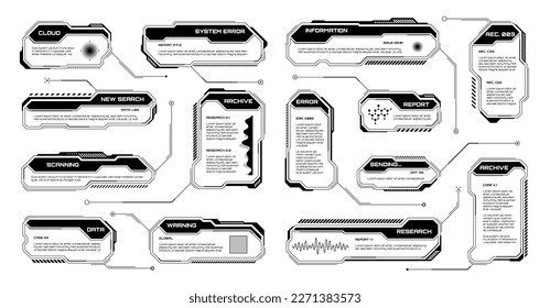 Black futuristic HUD, UI elements. Sci-fi user interface text boxes, callouts. Warning message frames, information boxes template. Modern game interface layout in digital style. Vector illustration