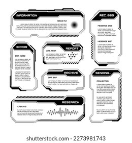Black futuristic HUD, UI elements. Sci-fi user interface text boxes, callouts. Warning message frames, information boxes template. Modern game interface layout in digital style. Vector illustration