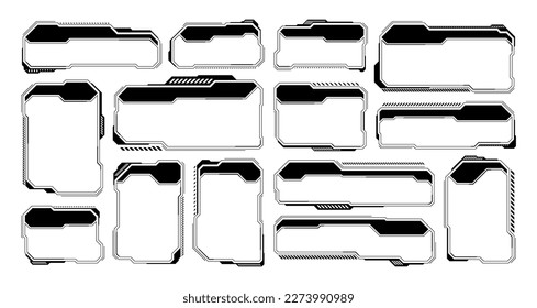 Black futuristic HUD or UI elements. Sci-fi user interface text boxes, callouts. Warning message frames, information boxes template. Modern game interface layout in digital style. Vector illustration