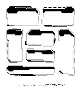 Elementos HUD o UI futuristas negros. Cuadros de texto de la interfaz de usuario de Sci-fi, llamadas. Marcos de mensajes de advertencia, plantilla de cuadros de información. Diseño moderno de interfaz de juego en estilo digital. Ilustración del vector