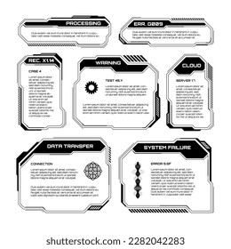 Schwarze futuristische HUD, UI-Elemente. Textfelder für die Sci-fi-Benutzeroberfläche, Tastenkombinationen. Meldungsrahmen, Vorlage für Informationsfelder. Modernes Interface im digitalen Stil. Vektorgrafik