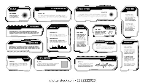HUD futurista negro, elementos UI. Cuadros de texto de la interfaz de usuario de Sci-fi, llamadas. Marcos de mensajes de advertencia, plantilla de cuadros de información. Diseño moderno de interfaz de juego en estilo digital. Ilustración del vector