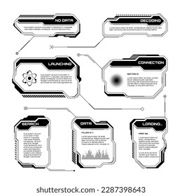 Black futuristic HUD, UI elements. Sci-fi user interface text boxes, callouts. Warning message frames, information boxes template. Modern game interface layout in digital style. Vector illustration