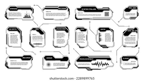 Black futuristic HUD, UI elements. Sci-fi user interface text boxes, callouts. Warning message frames, information boxes template. Modern game interface layout in digital style. Vector illustration