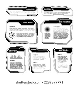 Black futuristic HUD, UI elements. Sci-fi user interface text boxes, callouts. Warning message frames, information boxes template. Modern game interface layout in digital style. Vector illustration