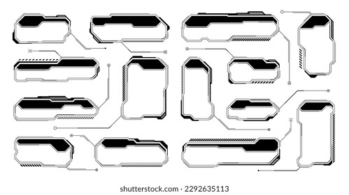 Black futuristic HUD or UI elements. Sci-fi user interface text boxes, callouts. Warning message frames, information boxes template. Modern game interface layout in digital style. Vector illustration