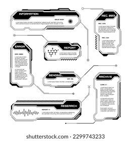 Schwarze futuristische HUD, UI-Elemente. Textfelder für die Sci-fi-Benutzeroberfläche, Tastenkombinationen. Meldungsrahmen, Vorlage für Informationsfelder. Modernes Interface im digitalen Stil. Vektorgrafik