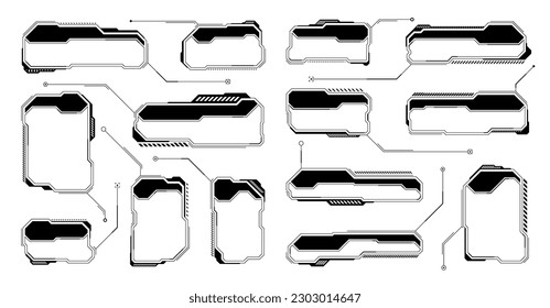 Black futuristic HUD or UI elements. Sci-fi user interface text boxes, callouts. Warning message frames, information boxes template. Modern game interface layout in digital style. Vector illustration