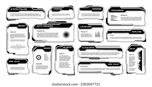 Black futuristic HUD, UI elements. Sci-fi user interface text boxes, callouts. Warning message frames, information boxes template. Modern game interface layout in digital style. Vector illustration