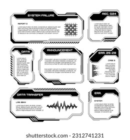 Black futuristic HUD, UI elements. Sci-fi user interface text boxes, callouts. Warning message frames, information boxes template. Modern game interface layout in digital style. Vector illustration