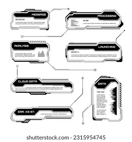Black futuristic HUD, UI elements. Sci-fi user interface text boxes, callouts. Warning message frames, information boxes template. Modern game interface layout in digital style. Vector illustration