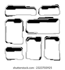 Black futuristic HUD or UI elements. Sci-fi user interface text boxes, callouts. Warning message frames, information boxes template. Modern game interface layout in digital style. Vector illustration