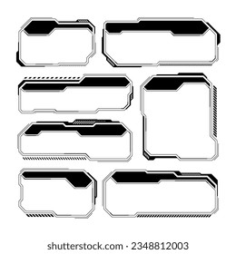 Black futuristic HUD or UI elements. Sci-fi user interface text boxes, callouts. Warning message frames, information boxes template. Modern game interface layout in digital style. Vector illustration