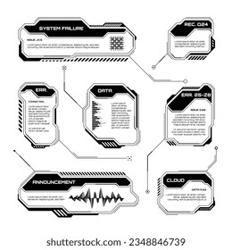 Black futuristic HUD, UI elements. Sci-fi user interface text boxes, callouts. Warning message frames, information boxes template. Modern game interface layout in digital style. Vector illustration