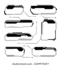 Black futuristic HUD or UI elements. Sci-fi user interface text boxes, callouts. Warning message frames, information boxes template. Modern game interface layout in digital style. Vector illustration