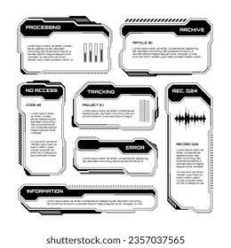 Black futuristic HUD, UI elements. Sci-fi user interface text boxes, callouts. Warning message frames, information boxes template. Modern game interface layout in digital style. Vector illustration