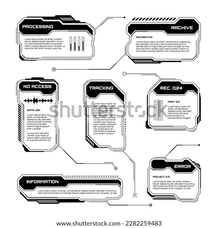 Black futuristic HUD, UI elements. Sci-fi user interface text boxes, callouts. Warning message frames, information boxes template. Modern game interface layout in digital style. Vector illustration