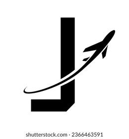Black Futuristic Letter J Icon with an Airplane on a White Background