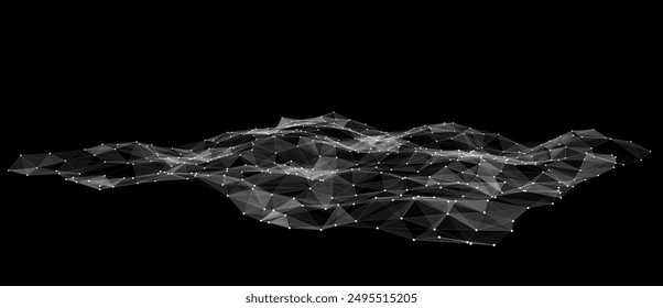 Black futuristic moving wave. Digital background with moving glowing particles. Big data visualization. Vector illustration.