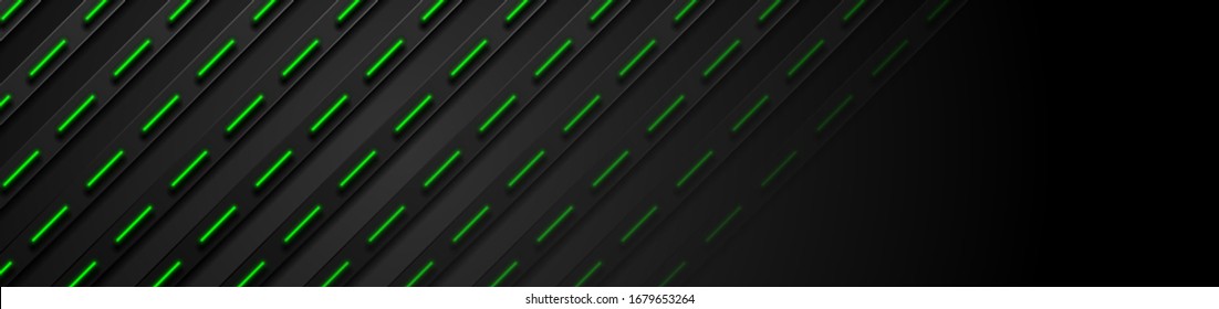 Black futuristic stripes with neon green light. Abstract corporate geometric background. Hi-tech glowing banner design. Vector illustration