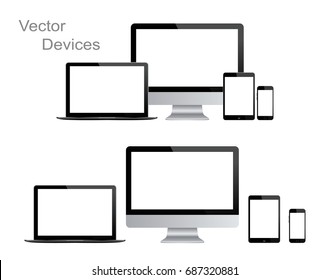 Black gadgets and devices on white background. Realistic vector illustration, for graphic and web design.