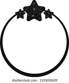 Black galaxy Glitter Circle Frame. Banner with stars from black sparkles, glitter and white paper sticker with space for text and shadow. Vector illustration.
