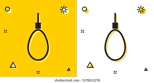 Black Gallows rope loop hanging icon isolated on yellow and white background. Rope tied into noose. Suicide, hanging or lynching. Random dynamic shapes. Vector Illustration