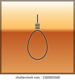 Black Gallows rope loop hanging icon isolated on gold background. Rope tied into noose. Suicide, hanging or lynching.  Vector Illustration