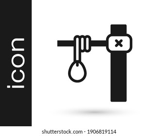 Icono colgante de la cuerda de la horquilla de la horquilla de la horquilla negra aislado en fondo blanco. Rope atado a la nariz. Suicidio, ahorcamiento o linchamiento.  Vector