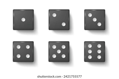Black gambling dices realistic vector illustration set. Plastic cubes with dot numbers for playing 3d elements on white background. Casino items, Black gambling dices realistic vector illustration set