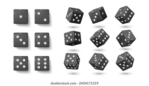 Black gambling dices realistic vector illustration set. Cubes with dot numbers on sides 3d elements on white background. Casino game svg
