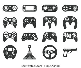 Black Game Console. Video Games Joystick, Playing Device. Isolated Computer Gadgets, Controller And Consoles Silhouette. Gaming Vector Icons