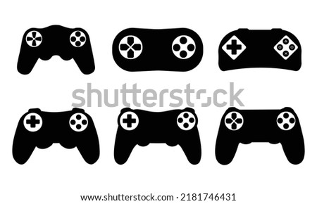 Black game console. Video games joystick, playing device. Isolated computer gadgets, controller and consoles silhouette. Gaming vector icons