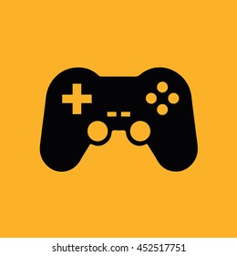 Black game controller icon vector illustration. Yellow background