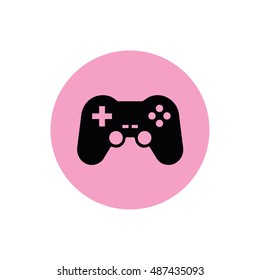 Black game controller vector icon illustration. Pink button. Pink circle