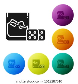 Black Game dice and glass of whiskey with ice cubes icon isolated on white background. Casino gambling. Set icons colorful circle buttons. Vector Illustration