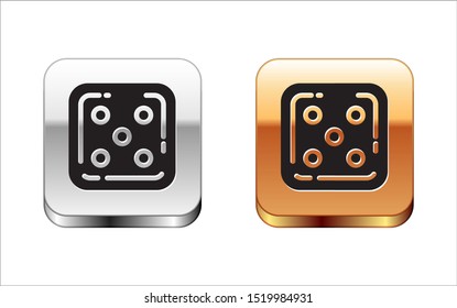Black Game dice icon isolated on white background. Casino gambling. Silver-gold square button. Vector Illustration