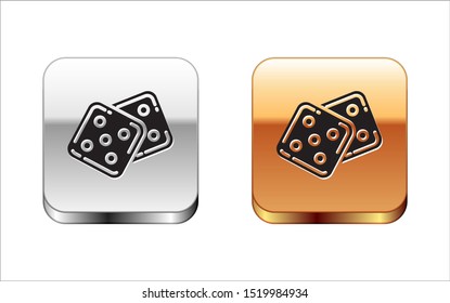 Black Game dice icon isolated on white background. Casino gambling. Silver-gold square button. Vector Illustration