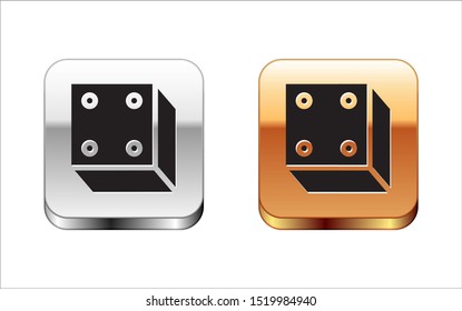 Black Game dice icon isolated on white background. Casino gambling. Silver-gold square button. Vector Illustration