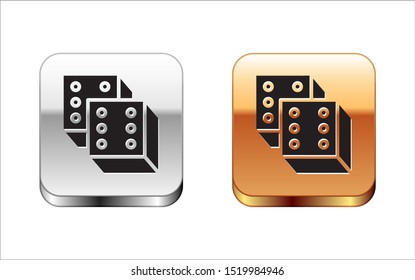 Black Game dice icon isolated on white background. Casino gambling. Silver-gold square button. Vector Illustration
