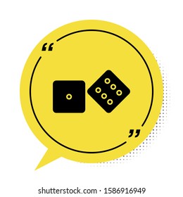 Black Game dice icon isolated on white background. Casino gambling. Yellow speech bubble symbol. Vector Illustration
