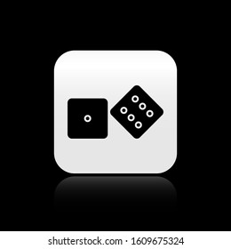Black Game dice icon isolated on black background. Casino gambling. Silver square button. Vector Illustration