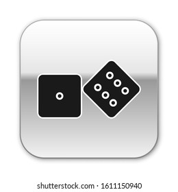 Black Game dice icon isolated on white background. Casino gambling. Silver square button. Vector Illustration